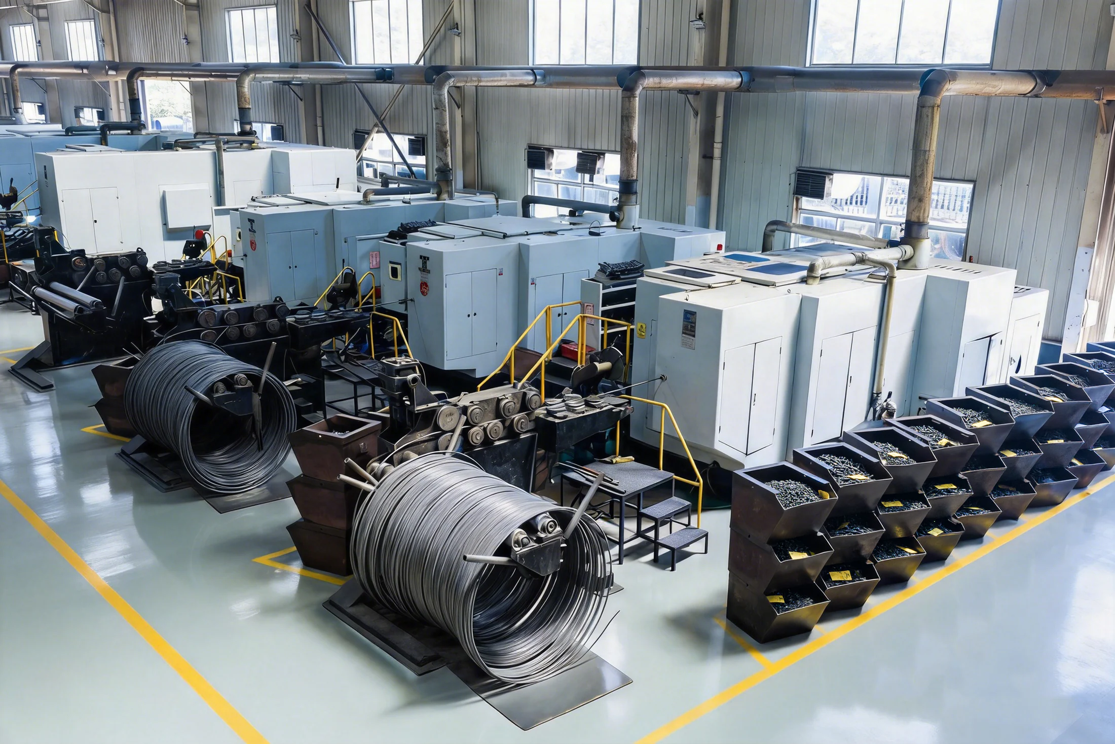 Cold heading machines with steel wire coils and bins of formed fasteners