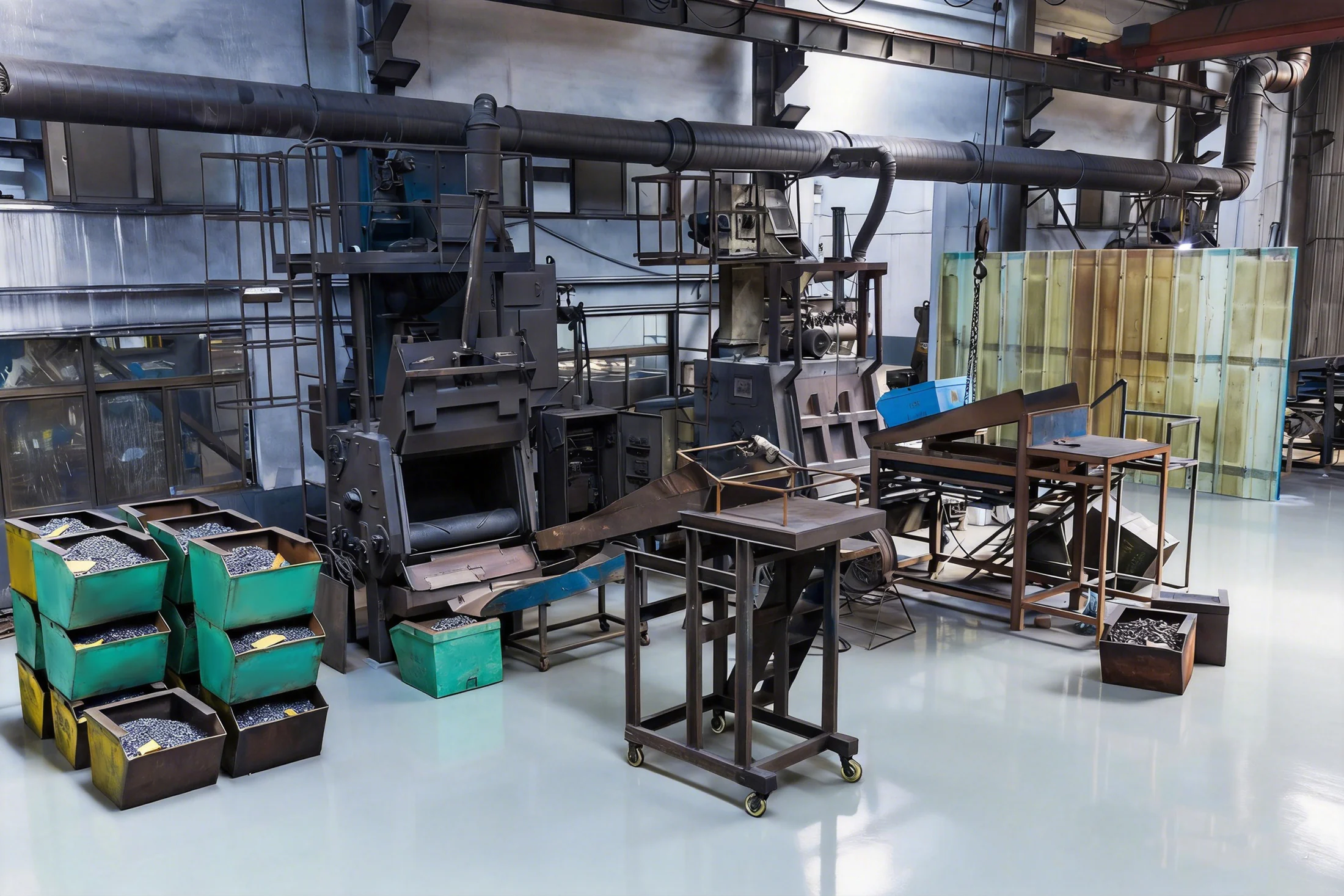 Shot blasting machine and bins of blasted parts